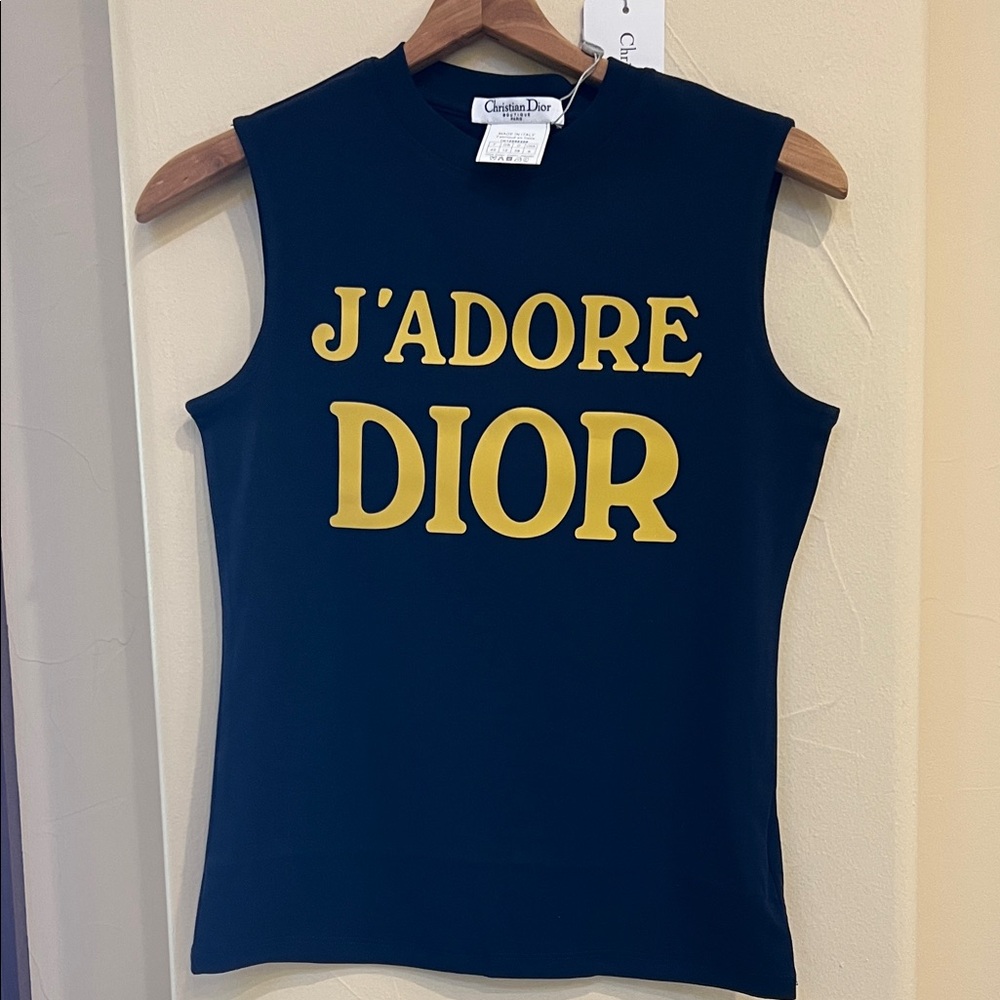 Dior Navy Muscle Tee with Yellow 'J'Adore Dior' Logo medium made in Italy NWT